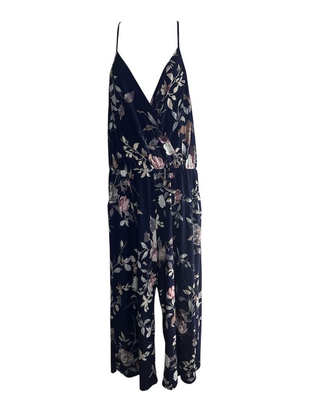 Laurent Navy Floral Wide-Leg Jumpsuit Women’s Large Spaghetti Strap V-Neck